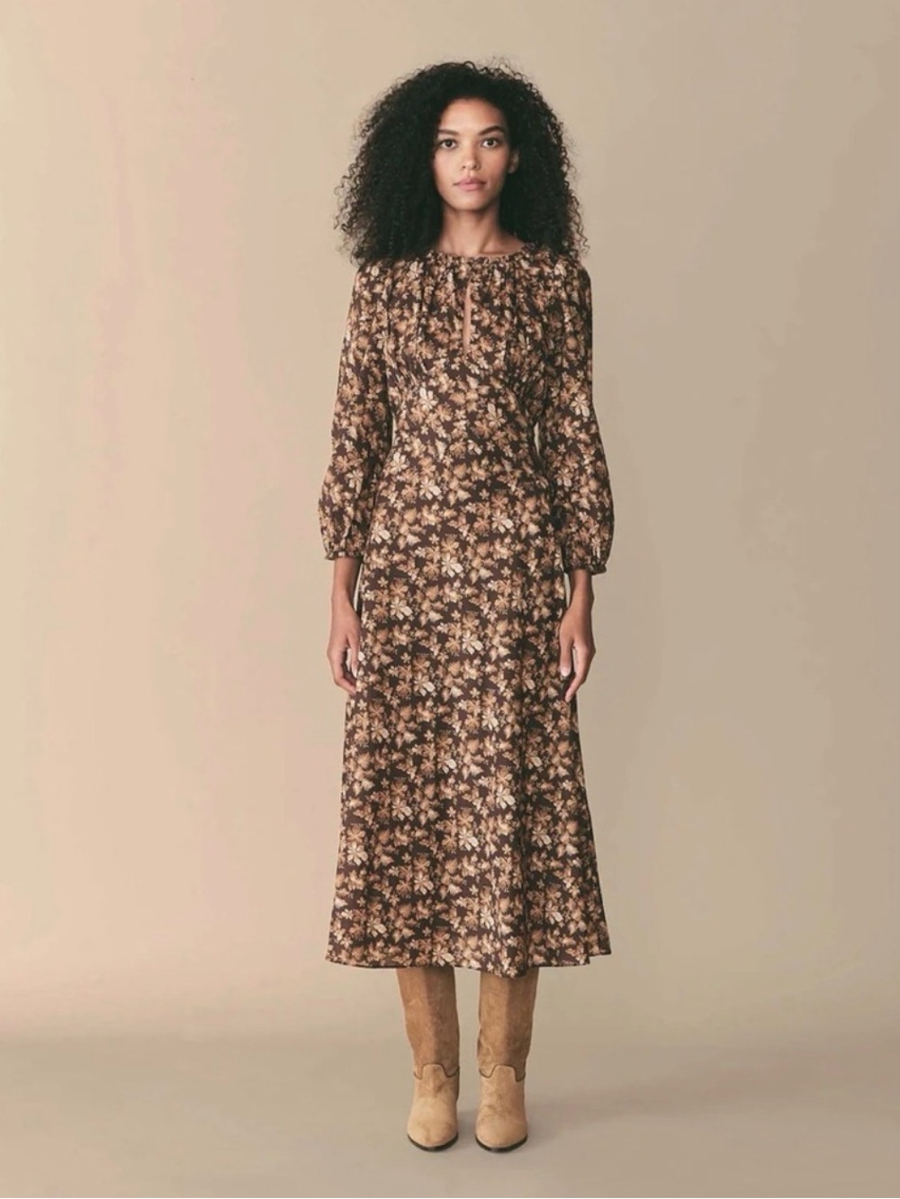Doen Ginetta Fern Grove Floral Brown Floral Maxi Dress with Long Sleeves XL